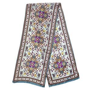 Oscar de la Renta Vintage Gilded Flower Printed Silk Long Fringe Scarf FLAW